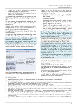 Nguyên tắc tiếp cận và quản lý các vấn đề về tuyến vú
Chiến lược tầm soát ung thư vú
5
 Với phụ nữ ≥ 45 tuổi và có nguy cơ bình quân, nhũ
ảnh thường qui được chỉ định hàng năm.
 Sau 55 tuổi, nhũ ảnh có thể được tiếp tục với mật độ
thưa hơn, mỗi 2 năm một lần.
Âm tính giả (FNR) của nhũ ảnh với tầm soát ung thư vú là
25-30% ở phụ nữ 40-49 tuổi, và là 10% ở phụ nữ trên 49
tuổi.
Khi thực hiện nhũ ảnh thường qui tầm soát ung thư vú ở
mọi phụ nữ trong độ tuổi 40-49 tuổi, sẽ có ít nhất một lần
dương tính giả.
Nhũ ảnh thường qui đơn thuần không được chỉ định ở
những đối tượng có nguy cơ cao theo mô hình Claus, và
các đối tượng có nguy cơ cao đặc biệt khác.
Dù rằng MRI có độ nhạy rất cao, nhưng vẫn có khả năng
bỏ sót tổn thương.
MRI phải được thực hiện kèm theo chứ không phải là thay
cho nhũ ảnh ở các đối tượng có nguy cơ cao ung thư vú.
Đối với các đối tượng nguy cao đặc biệt của ung thư vú,
không thực hiện tầm soát bằng nhũ ảnh đơn thuần .
Ở các đối tượng này, việc tầm soát phải được thực hiện
bằng cộng hưởng từ (MRI) và nhũ ảnh hàng năm.
Các tổ chức/hiệp hội khác nhau đưa ra các quan điểm khác
nhau về chiến lược tầm soát, như trình bày trong bảng 2.
Bảng 2: Lịch tầm soát ung thư vú bằng các phương tiện khác nhau cho
phụ nữ với nguy cơ cao, theo các tổ chức/hiệp hội khác nhau tại Hoa Kỳ
Các phụ nữ sau được xếp vào nhóm có nguy cơ cao của
ung thư vú và cần được thực hiện tầm soát hàng năm bằng
MRI phối hợp với nhũ ảnh:
 Có lifetime risk theo tiền sử bị ung thư vú 20-25%
hoặc cao hơn
 Có đột biến gene BRCA
 Chưa được khảo sát đột biến BRCA nhưng có người
thân trực hệ (cha mẹ, anh, chị, em hay con) có mang
đột biến gene BRCA1 hay BRCA2
 Từng bị chiếu xạ vùng ngực trong độ tuổi 10-30 tuổi
 Mắc hội chứng Li-Fraumeni 4
, hội chứng Cowden 5
,
hay hội chứng Bannayan-Riley-Ruvalcaba 6
, hay có
người thân trực hệ có một trong các hội chứng này
Do chưa đủ bằng chứng cho dân số có nguy cơ cao ung
thư vú, nên ACS đề nghị thực hiện tầm soát phối hợp trên
kể từ năm 30 tuổi, với sự đồng thuận của bệnh nhân, cho
hầu hết các trường hợp nguy cơ cao.
Phụ nữ có tiền căn chiếu xạ ngực lúc 10-30 tuổi cần được
thực hiện tầm soát kép nhũ ảnh-MRI hàng năm, bắt đầu từ
8-10 năm kể từ khi bị chiếu xạ hoặc bắt đầu lúc 25 tuổi
Không đủ bằng chứng về hiệu quả của việc thực hiện đơn
thuần MRI hàng năm ở phụ nữ có tiền căn ung thư vú
(cùng hay đối bên), sinh thiết vú với kết quả nguy cơ cao
như tăng sinh ống không điển hình (atypical ductal
hyperplasia) (ADH), carcinom tại chỗ tiểu thùy (lobular
carcinoma in situ) (LCIS), carcinom ống tại chỗ (ductal
carcinoma in situ) (DCIS).
Các bệnh nhân có nguy cơ đặc biệt cao này phải được theo
dõi bằng phối hợp nhũ ảnh-MRI, có hay không kèm theo
các biện pháp hỗ trợ khác.
4
Hội chứng Li–Fraumeni là một ung thư hiếm, di truyền theo kiểu gen
trội trên nhiễm sắc thể thường. Đặc trưng bởi sarcoma, vú, bệnh bạch cầu
và tuyến thượng thận.
Bệnh liên quan đến đột biến của gene p53 ức chế khối u.
5
Hội chứng Cowden hay còn gọi là hội chứng đa hamartoma là một bệnh
hiếm, đặc trưng bởi các tình trạng giống khối u không ung thư gọi là
hamartoma.
Là một bệnh di truyền theo gene trội trên nhiễm sắc thể thường, liên quan
đến gene PTEN, là một gene ức chế khối u.
6
Tương tự như hội chứng Cowden, hội chứng Bannayan-Riley-
Ruvalcaba cũng là một bệnh di truyền gene trội trên nhiễm sắc thể
thường và cũng có liên quan đến đột biến gene PTEN.
TÀI LIỆU ĐỌC THÊM
1. Obstetrics and gynecology 7th
edition. Tác giả Beckmann. Hợp tác xuất bản với ACOG. Nhà xuất bản Wolters Kluwer Health 2014.
TÀI LIỆU THAM KHẢO CHÍNH
1. Siu AL. Screening for breast cancer: U.S. Preventive Services Task Force recommendation statement. U.S. Preventive Services Task Force [published
erratum appears in Ann Intern Med 2016;164:448]. Ann Intern Med 2016;164:279–96. (Level III)
2. National Comprehensive Cancer Network. Breast cancer screening and diagnosis. Version 1.2016. (Level III)
3. Diagnosis and management of benign breast disorders. Practice Bulletin No. 164. American College of Obstetricians and Gynecologists. Obstet Gynecol
2016;127:e141–56. (Level III)
4. Breast cancer risk assessment and screening in average risk women. Practice Bulletin No. 179. American College of Obstetricians and Gynecologists.
Obstet Gynecol 2017;130(1):e1-e16.
5. Oeffinger KC, Fontham ET, Etzioni R, Herzig A, Michaelson JS, Shih YC, et al. Breast cancer screening for women at average risk: 2015 guideline
update from the American Cancer Society [published erratum appears in JAMA 2016;315:1406]. JAMA 2015;314:1599–614. (Level III)
6. Nelson HD, Cantor A, Humphrey L, Fu R, Pappas M, Daeges M, et al. Screening for breast cancer: a systematic review to update the 2009 U.S.
Preventive Services Task Force recommendation. Evidence Syntheses, No. 124. Rockville (MD): Agency for Healthcare Research and Quality; 2016.
(Systematic Review)
7. American College of Obstetricians-Gynecologists. Practice bulletin no. 122: Breast cancer screening. Obstetrics and Gynecology 2011;118(2 Pt 1):372–
382.
Cowden
 