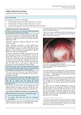 Quản lý các bệnh lây qua tình dục và các biến chứng
Nhiễm Chlamydia trachomatis
1
Nhiễm Chlamydia trachomatis
Nguyễn Hồng Hoa, Ngô Thị Kim Phụng
Mục tiêu bài giảng
Sau khi học xong, sinh viên có khả năng:
1. Trình bày được bệnh sinh của nhiễm Chlamydia trachomatis
2. Trình bày được di chứng của nhiễm Chlamydia trachomatis
3. Trình bày được nguyên lý của điều trị nhiễm Chlamydia trachomatis
NHIỄM CHLAMYDIA TRACHOMATIS
Chlamydia trachomatis là tác nhân gây bệnh lây qua tình
dục rất phổ biến và để lại nhiều di chứng.
Chlamydia trachomatis là vi khuẩn gram âm sống bắt buộc
trong tế bào. Chlamydia trachomatis không có khả năng
chuyển hóa và phản ứng sinh hóa để tạo thành adenosine
triphosphate (ATP).
Chlamydia trachomatis thường tác động lên các tế bào
biểu mô trụ tuyến.
Nhiễm Chlamydia trachomatis là bệnh nhiễm trùng
thường gặp nhất ở Mỹ. Ở các nước đang phát triển, tần
suất của nhiễm Chlamydia trachomatis cũng đã gia tăng
đáng kể và cũng trở thành một trong những tác nhân gây
bệnh lây qua tình dục thường gặp nhất.
Dù rằng ½ số bệnh nhân sẽ thành công trong việc tự thanh
thải Chlamydia trachomatis, nhưng đối với ½ còn lại, sẽ
không thành công trong việc tự thanh thải Chlamydia
trachomatis, do thất bại của đáp ứng miễn dịch bẩm sinh
và thích ứng. Ở các cá thể này, Chlamydia trachomatis sẽ
chuyển sang dạng tồn tại kéo dài với nhiều di chứng, thông
qua tiến trình viêm và tiến trình tự miễn gây bởi
Chlamydia trachomatis Heat Shock Protein 60 kDa.
Các di chứng gồm viêm vùng chậu mạn dẫn tới hậu quả
trầm trọng bao gồm thai ngoài tử cung, đau vùng chậu mạn
và hiếm muộn có liên quan đến yếu tố vòi Fallope.
Ở sơ sinh, do lây truyền dọc lúc sanh, nhiễm Chlamydia
trachomatis cũng gây ra viêm niệu đạo và viêm kết mạc
mắt không do lậu cầu.
Do nhiễm Chlamydia trachomatis không được điều trị sẽ
gây ra những hậu quả trầm trọng, nên CDC khuyến cáo
thực hiện xét nghiệm tầm soát thường qui nhiễm
Chlamydia trachomatis mỗi năm ở các phụ nữ đã có giao
hợp tuổi dưới 25.
Với các phụ nữ trên 25 tuổi, nên xét nghiệm tầm soát
nhiễm Chlamydia trachomatis mỗi năm nếu như họ có các
yếu tố nguy cơ như có nhiều bạn tình hay có bạn tình mới.
CHẨN ĐOÁN NHIỄM CHLAMYDIA TRACHOMATIS
Nhiễm Chlamydia trachomatis gây 2 nhóm triệu chứng:
1. Viêm cổ tử cung cấp (cervicitis).
2. Di chứng viêm sinh dục trên do Chlamydia
trachomatis.
Nhiễm Chlamydia trachomatis có thể không triệu chứng,
hoặc biểu hiện lâm sàng mơ hồ và không đặc hiệu.
Các triệu chứng có thể có gồm huyết trắng bất thường và
ra huyết âm đạo bất thường.
Viêm cổ tử cung với biểu hiện viêm cổ tử cung nhầy mủ
cùng với lộ tuyến cổ tử cung dễ chảy máu cũng gợi ý
nhiễm Chlamydia trachomatis.
Hình 1: Viêm cổ tử cung do Chlamydia trachomatis
Viêm cổ tử cung với biểu hiện cổ tử cung nhầy mủ, lộ tuyến cổ tử cung
dễ chảy máu cũng gợi ý nhiễm Chlamydia trachomatis.
Nguồn: sharinginhealth.ca
Viêm vòi Fallope với di chứng tổn thương chức năng của
vòi Fallope là một kết cục phổ biến của nhiễm Chlamydia
trachomatis 1
. Vòi Fallope mất chức năng, gây thai ngoài
tử cung hay tắc nghẽn, ứ dịch.
Viêm vòi Fallope do Chlamydia trachomatis có thể là một
biểu hiện cấp tính, trong đó có đáp ứng thiên lệch của các
Th1 (T helper cell 1) với quá tiết IFN-γ (interferon γ) gây
mất cân bằng với Th2, gây hệ quả phá hủy trực tiếp cấu
trúc mô.
Tuy nhiên, viêm vòi Fallope thường gặp hơn trong các
dạng tồn tại kéo dài của Chlamydia trachomatis, trong đó
chính Chlamydia trachomatis HSP 60 IgG do cơ thể vật
chủ sản xuất ra gây ra một hiện tượng phá hủy mô có
nguồn gốc miễn nhiễm. Trong trường hợp này, tổn thương
tiến triển âm thầm và cuối cùng dẫn đến vô sinh có liên
quan đến yếu tố vòi Fallope.
1
Ở Châu Âu, các mô hình toán học cho phép tính ra rằng chỉ có khoảng
5-15% dân số có nhiễm Chlamydia trachomatis lần đầu sẽ có di chứng.
Tại Việt Nam, do không thể thực hiện được mô hình toán học cho phép
tính, nhưng tại các nước đang phát triển, có đến gần ½ hay hơn nữa
nhiễm Chlamydia trachomatis sẽ để lại di chứng.
 