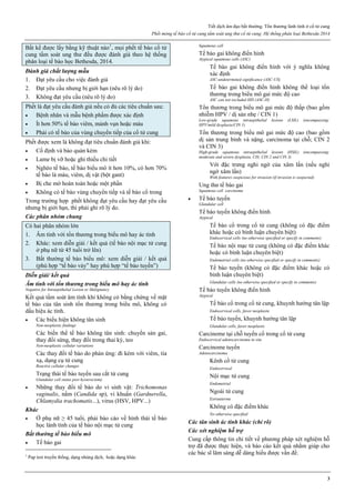 Tiết dịch âm đạo bất thường. Tổn thương lành tính ở cổ tử cung
Phết mỏng tế bào cổ tử cung tầm soát ung thư cổ tử cung. Hệ thống phân loại Bethesda 2014
3
Bất kể được lấy bằng kỹ thuật nào1
, mọi phết tế bào cổ tử
cung tầm soát ung thư đều được đánh giá theo hệ thống
phân loại tế bào học Bethesda, 2014.
Đánh giá chất lượng mẫu
1. Đạt yêu cầu cho việc đánh giá
2. Đạt yêu cầu nhưng bị giới hạn (nêu rõ lý do)
3. Không đạt yêu cầu (nêu rõ lý do)
Phết là đạt yêu cầu đánh giá nếu có đủ các tiêu chuẩn sau:
 Bệnh nhân và mẫu bệnh phẩm được xác định
 Ít hơn 50% tế bào viêm, mảnh vụn hoặc máu
 Phải có tế bào của vùng chuyển tiếp của cổ tử cung
Phết được xem là không đạt tiêu chuẩn đánh giá khi:
 Cố định và bảo quản kém
 Lame bị vỡ hoặc ghi thiếu chi tiết
 Nghèo tế bào, tế bào biểu mô ít hơn 10%, có hơn 70%
tế bào là máu, viêm, dị vật (bột gant)
 Bị che mờ hoàn toàn hoặc một phần
 Không có tế bào vùng chuyển tiếp và tế bào cổ trong
Trong trường hợp phết không đạt yêu cầu hay đạt yêu cầu
nhưng bị giới hạn, thì phải ghi rõ lý do.
Các phân nhóm chung
Có hai phân nhóm lớn
1. Âm tính với tổn thương trong biểu mô hay ác tính
2. Khác: xem diễn giải / kết quả (tế bào nội mạc tử cung
ở phụ nữ từ 45 tuổi trở lên)
3. Bất thường tế bào biểu mô: xem diễn giải / kết quả
(phù hợp “tế bào vảy” hay phù hợp “tế bào tuyến”)
Diễn giải/ kết quả
Âm tính với tổn thương trong biểu mô hay ác tính
Negative for Intraepithelial Lesion or Malignancy
Kết quả tầm soát âm tính khi không có bằng chứng về mặt
tế bào của tân sinh tổn thương trong biểu mô, không có
dấu hiệu ác tính.
 Các biểu hiện không tân sinh
Non-neoplastic findings
Các biến thể tế bào không tân sinh: chuyển sản gai,
thay đổi sừng, thay đổi trong thai kỳ, teo
Non-neoplastic cellular variations
Các thay đổi tế bào do phản ứng: đi kèm với viêm, tia
xạ, dụng cụ tử cung
Reactive cellular changes
Trạng thái tế bào tuyến sau cắt tử cung
Glandular cell status post hysterectomy
 Những thay đổi tế bào do vi sinh vật: Trichomonas
vaginalis, nấm (Candida sp), vi khuẩn (Gardnerella,
Chlamydia trachomatis...), virus (HSV, HPV...)
Khác
 Ở phụ nữ ≥ 45 tuổi, phải báo cáo về hình thái tế bào
học lành tính của tế bào nội mạc tử cung
Bất thường tế bào biểu mô
 Tế bào gai
1
Pap test truyền thống, dạng nhúng dịch, hoặc dạng khác
Squamous cell
Tế bào gai không điển hình
Atypical squamous cells (ASC)
Tế bào gai không điển hình với ý nghĩa không
xác định
ASC-undetermined significance (ASC-US)
Tế bào gai không điển hình không thể loại tổn
thương trong biểu mô gai mức độ cao
ASC can not excluded HIS (ASC-H)
Tổn thương trong biểu mô gai mức độ thấp (bao gồm
nhiễm HPV / dị sản nhẹ / CIN 1)
Low-grade squamous intraepithelial lesions (LSIL) (encompassing:
HPV/mild dysplasia/CIN 1)
Tổn thương trong biểu mô gai mức độ cao (bao gồm
dị sản trung bình và nặng, carcinoma tại chỗ; CIN 2
và CIN 3)
High-grade squamous intraepithelial lesions (HSIL) (encompassing:
moderate and severe dysplasia, CIS; CIN 2 and CIN 3)
Với đặc trưng nghi ngờ của xâm lấn (nếu nghi
ngờ xâm lấn)
With features suspicious for invasion (if invasion is suspected)
Ung thư tế bào gai
Squamous cell carcinoma
 Tế bào tuyến
Glandular cell
Tế bào tuyến không điển hình
Atypical
Tế bào cổ trong cổ tử cung (không có đặc điểm
khác hoặc có bình luận chuyên biệt)
Endocervical cells (no otherwise specified or specify in comments)
Tế bào nội mạc tử cung (không có đặc điểm khác
hoặc có bình luận chuyên biệt)
Endometrial cells (no otherwise specified or specify in comments)
Tế bào tuyến (không có đặc điểm khác hoặc có
bình luận chuyên biệt)
Glandular cells (no otherwise specified or specify in comments)
Tế bào tuyến không điển hình
Atypical
Tế bào cổ trong cổ tử cung, khuynh hướng tân lập
Endocervical cells, favor neoplastic
Tế bào tuyến, khuynh hướng tân lập
Glandular cells, favor neoplastic
Carcinome tại chỗ tuyến cổ trong cổ tử cung
Endocervical adenocarcinoma in situ
Carcinome tuyến
Adenocarcinoma
Kênh cổ tử cung
Endocervical
Nội mạc tử cung
Endometrial
Ngoài tử cung
Extrauterine
Không có đặc điểm khác
No otherwise specified
Các tân sinh ác tính khác (chỉ rõ)
Các xét nghiệm hỗ trợ
Cung cấp thông tin chi tiết về phương pháp xét nghiệm hỗ
trợ đã được thực hiện, và báo cáo kết quả nhằm giúp cho
các bác sĩ lâm sàng dễ dàng hiểu được vấn đề.
 