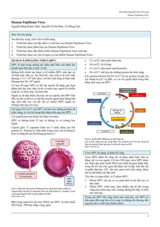 Tân sinh trong biểu mô cổ tử cung
Human Papilloma Virus
1
Human Papilloma Virus
Nguyễn Đăng Phước Hiền, Nguyễn Vũ Hà Phúc, Lê Hồng Cẩm
Mục tiêu bài giảng
Sau khi học xong, sinh viên có khả năng:
1. Trình bày được các đặc điểm vi sinh học của Human Papilloma Virus
2. Trình bày được phân loại các Human Papilloma Virus
3. Trình bày được đặc điểm nhiễm Human Papilloma Virus sinh dục
4. Trình bày được các yếu tố nguy cơ của nhiễm Human Papilloma Virus
HUMAN PAPILLOMA VIRUS (HPV)
HPV là một trong những tác nhân phổ biến của bệnh lây
truyền qua tình dục ở nam và nữ.
Không biết chính xác được tỷ lệ nhiễm HPV sinh dục và
số hiện mắc thật sự. Tại Hoa Kỳ, ước tính tỷ lệ mới mắc
khoảng 1-5.5 x 106
mỗi năm, với ước tính tổng số hiện mắc
khoảng hơn 20 x 106
người.
Có hơn 40 type HPV có thể lây truyền dễ dàng qua hoạt
động tình dục trực tiếp, từ da và niêm mạc người bị nhiễm
sang da và niêm mạc của bạn tình.
Ngoài ra, do đặc điểm cấu trúc chỉ có capsid, nên HPV khá
bền, do đó có thể có cơ chế lây truyền ngoài hoạt động tình
dục như tiếp xúc với đồ vật có nhiễm HPV (quần áo
chung), hay qua sex toys…
Các gene E6 và E7 của HPV mã hóa cho những protein đa
chức năng, có vai trò trong khả năng sinh ung của HPV.
Các papillomavirus thuộc họ Papovaviridae.
HPV có đường kính 55 nm và không có vỏ (màng bọc
lipid).
Capsid gồm 72 capsome hình sao 5 cánh, được tạo bởi
protein L1. Protein L2 hiện diện trong virus với số lượng ít
hơn và nâng đỡ cho bộ khung protein L1.
Hình 1: Mô hình 3D Human Palilloma Virus dưới kính hiển vi điện tử
Capsid được tạo bởi 72 capsome hình sao, bởi protein L1. Protein L2 tạo
ra khung nâng đỡ. Bên trong là DNA của HPV.
Nguồn: genesium.ro
Bên trong capsid là cấu trúc DNA của HPV, là một chuỗi
DNA kép, 7904 bp, khép vòng, gồm:
 E1 và E2: phụ trách nhân bản
 E4 và E5: tái tổ hợp
 L1 và L2: phụ trách capsid protein
 E6 và E7: mã hóa cho những protein đa chức năng
Các protein mã hóa bởi E6 và E7 là các protein sẽ gắn với
các thành tố p53 và pRb, có vai trò quyết định trong khả
năng sinh ung của HPV.
Hình 2: Sơ đồ DNA 7904 bp của HPV type 16
Lưu ý chức năng của các vùng DNA. Các vùng E6 và E7 là các vùng mã
hóa các protein tham gia vào cơ chế sinh ung của HPV.
Nguồn: wikipedia.org
Virus HPV đa dạng và phân bố rộng.
Virus HPV phân bố rộng rãi và được phát hiện trên cả
động vật và con người. Có hơn 200 type virus HPV được
xác nhận dựa trên chuỗi DNA quy định hệ gene khác biệt,
trong đó 85 cấu trúc gene đã được mô tả đặc tính đầy đủ
và phân lập hơn 120 cấu trúc gene mới tiềm năng, được
mô tả một phần các đặc tính.
Tùy theo cơ quan đích, có 2 nhóm HPV:
1. Nhóm HPV trên da có cơ quan đích là da bàn tay và
bàn chân
2. Nhóm HPV niêm mạc xâm nhiễm lớp tế bào trong
cùng của niêm mạc môi, miệng, đường hô hấp và biểu
mô sinh dục.
Trong các HPV tấn công niêm mạc sinh dục, các HPV có
liên quan đến ung thư cổ tử cung và những tổn thương tiền
ung thư nên có thể chia thành nhóm:
 