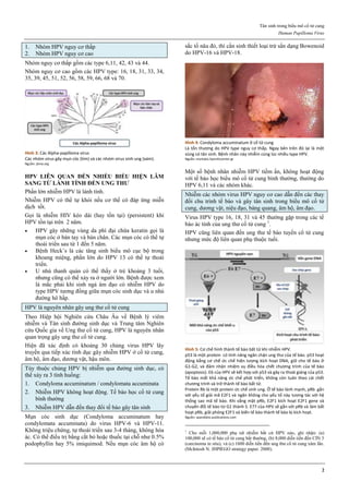 Tân sinh trong biểu mô cổ tử cung
Human Papilloma Virus
2
1. Nhóm HPV nguy cơ thấp
2. Nhóm HPV nguy cơ cao
Nhóm nguy cơ thấp gồm các type 6,11, 42, 43 và 44.
Nhóm nguy cơ cao gồm các HPV type: 16, 18, 31, 33, 34,
35, 39, 45, 51, 52, 56, 58, 59, 66, 68 và 70.
Hình 3: Các Alpha-papilloma virus
Các nhóm virus gây mụn cóc (tím) và các nhóm virus sinh ung (xám).
Nguồn: jkma.org
HPV LIÊN QUAN ĐẾN NHIỀU BIỂU HIỆN LÂM
SANG TỪ LÀNH TÍNH ĐẾN UNG THƯ
Phần lớn nhiễm HPV là lành tính.
Nhiễm HPV có thể tự khỏi nếu cơ thể có đáp ứng miễn
dịch tốt.
Gọi là nhiễm HIV kéo dài (hay tồn tại) (persistent) khi
HPV tồn tại trên 2 năm.
 HPV gây những vùng da phì đại chứa keratin gọi là
mụn cóc ở bàn tay và bàn chân. Các mụn cóc có thể tự
thoái triển sau từ 1 đến 5 năm.
 Bệnh Heck’s là các tăng sinh biểu mô cục bộ trong
khoang miệng, phần lớn do HPV 13 có thể tự thoái
triển.
 U nhú thanh quản có thể thấy ở trẻ khoảng 3 tuổi,
nhưng cũng có thể xảy ra ở người lớn. Bệnh được xem
là mắc phải khi sinh ngả âm đạo có nhiễm HPV do
type HPV tương đồng giữa mụn cóc sinh dục và u nhú
đường hô hấp.
HPV là nguyên nhân gây ung thư cổ tử cung
Theo Hiệp hội Nghiên cứu Châu Âu về Bệnh lý viêm
nhiễm và Tân sinh đường sinh dục và Trung tâm Nghiên
cứu Quốc gia về Ung thư cổ tử cung, HPV là nguyên nhân
quan trọng gây ung thư cổ tử cung.
Hiện đã xác định có khoảng 30 chủng virus HPV lây
truyền qua tiếp xúc tình dục gây nhiễm HPV ở cổ tử cung,
âm hộ, âm đạo, dương vật, hậu môn.
Tùy thuộc chủng HPV bị nhiễm qua đường sinh dục, có
thể xảy ra 3 tình huống:
1. Condyloma accuminatum / condylomata accuminata
2. Nhiễm HPV không hoạt động. Tế bào học cổ tử cung
bình thường
3. Nhiễm HPV dẫn đến thay đổi tế bào gây tân sinh
Mụn cóc sinh dục (Condyloma accuminatum hay
condylomata accuminata) do virus HPV-6 và HPV-11.
Không triệu chứng, tự thoái triển sau 3-4 tháng, không hóa
ác. Có thể điều trị bằng cắt bỏ hoặc thuốc tại chỗ như 0.5%
podophyllin hay 5% imiquimod. Nếu mụn cóc âm hộ có
sắc tố nâu đỏ, thì cần sinh thiết loại trừ sẩn dạng Bowenoid
do HPV-16 và HPV-18.
Hình 4: Condyloma accuminatum ở cổ tử cung
Là tổn thương do HPV type nguy cơ thấp. Ngay bên trên đó lại là một
vùng có tân sinh. Bệnh nhân này nhiễm cùng lúc nhiều type HPV.
Nguồn: mortakis.hpvinfocenter.gr
Một số bệnh nhân nhiễm HPV tiềm ẩn, không hoạt động
với tế bào học biểu mô cổ tử cung bình thường, thường do
HPV 6,11 và các nhóm khác.
Nhiễm các nhóm virus HPV nguy cơ cao dẫn đến các thay
đổi chu trình tế bào và gây tân sinh trong biểu mô cổ tử
cung, dương vật, niệu đạo, bàng quang, âm hộ, âm đạo.
Virus HPV type 16, 18, 31 và 45 thường gặp trong các tế
bào ác tính của ung thư cổ tử cung 1
.
HPV cũng liên quan đến ung thư tế bào tuyến cổ tử cung
nhưng mức độ liên quan phụ thuộc tuổi.
Hình 5: Cơ chế hình thành tế bào bất tử khi nhiễm HPV.
p53 là một protein có tính năng ngăn chận ung thư của tế bào. p53 hoạt
động bằng cơ chế ức chế hiện tượng kích hoạt DNA, giữ cho tế bào ở
G1-G2, và đảm nhận nhiệm vụ điều hòa chết chương trình của tế bào
(apoptosis). E6 của HPV sẽ kết hợp với p53 và gây ra thoái giáng của p53.
Tế bào mất khả năng ức chế phát triển, không còn tuân theo cái chết
chương trình và trở thành tế bào bất tử.
Protein Rb là một protein ức chế sinh ung. Ở tế bào lành mạnh, pRb gắn
với yếu tố giải mã E2F1 và ngăn không cho yếu tố này tương tác với hệ
thống sao mã tế bào. Khi vắng mặt pRb, E2F1 kích hoạt E2F1 gene và
chuyển đổi tế bào từ G1 thành S. E77 của HPV sẽ gắn với pRb và làm bất
hoạt pRb, giải phóng E2F1 và biến tế bào thành tế bào bị kích hoạt.
Nguồn: spandidos-publications.com
1
Cho mỗi 1,000,000 phụ nữ nhiễm bất cứ HPV nào, ghi nhận: (a)
100,000 sẽ có tế bào cổ tử cung bất thường, (b) 8,000 diễn tiến đến CIN 3
(carcinoma in situ), và (c) 1600 diễn tiến đến ung thư cổ tử cung xâm lấn.
(McIntosh N. JHPIEGO strategy paper. 2000).
 