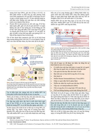 Tân sinh trong biểu mô cổ tử cung
Từ chuyển sản đến dị sản cổ tử cung
3
tượng kích hoạt DNA, giữ cho tế bào ở G1-G2, và
đảm nhận nhiệm vụ điều hòa cái chết chương trình
của tế bào (apoptosis). E6 của HPV sẽ kết hợp với p53
và gây ra thoái giáng của p53. Tế bào mất khả năng ức
chế phát triển, không còn tuân theo cái chết chương
trình và trở thành tế bào bất tử.
 Protein Rb là một protein ức chế sinh ung. Ở tế bào
lành mạnh, pRb gắn với yếu tố giải mã E2F1 và ngăn
không cho yếu tố này tương tác với hệ thống sao mã
tế bào. Khi vắng mặt pRb, E2F1 kích hoạt E2F1 gene
và chuyển đổi tế bào từ G1 thành S. E7 của HPV sẽ
gắn với pRb và làm bất hoạt pRb, giải phóng E2F1 và
biến tế bào thành tế bào bị kích hoạt.
Các tế bào thoát khỏi apoptosis (do E6) và bị kích hoạt
tăng trưởng không kiểm soát (do E7) sẽ trở thành tế bào dị
sản ở các mức độ khác nhau, tùy theo mức độ bị chi phối.
Hình 4: E6 và E7 trong cơ chế sinh ung của HPV type 16
Các tế bào thoát khỏi apoptosis (do E6 bất hoạt p53) và bị kích hoạt tăng
trưởng không kiểm soát (do E7 gắn với pRb giải phóng E2F) sẽ trở thành
tế bào dị sản ở các mức độ khác nhau, tùy theo mức độ bị chi phối.
Nguồn: Pearson education
Tuy là điều kiện cần, nhưng nếu chỉ có nhiễm HPV thì
chưa phải là điều kiện đủ để gây dị sản và ung thư.
Nhiều yếu tố khác có thể làm thay đổi tiến trình tấn công,
xâm nhập, và tác động trên tế bào của HPV.
Các đáp ứng miễn dịch, đặc biệt là miễn dịch thích nghi
qua tế bào (CMI) có vai trò quan trọng trong việc điều
chỉnh tải lượng HPV và có thể làm đảo ngược quá trình.
Sự đảo ngược tiến trình dị sản có thể xảy ra trong 80% các
trường hợp. Tuy nhiên, trong một số trường hợp khác,
khoảng 10%, diễn tiến của tế bào dị sản là đi đến ung thư.
Tần suất nhiễm HPV cao và tiến triển thành tân sinh trong
biểu mô cổ tử cung thường gặp ở những bệnh nhân suy
giảm miễn dịch như nhiễm HIV cũng như những người
nhận cơ quan ghép hoặc bệnh thận mạn tính hay tiền sử
Hodgkin, điều trị ức chế miễn dịch vì lý do khác.
Nhiễm HPV tồn tại làm tăng nguy cơ dị sản cổ tử cung
tiến triển. Nhiễm HPV type 16 có thể tồn tại lâu hơn các
nhiễm các type HPV sinh ung thư khác.
Hình 5: Sự khác biệt về sinh học tế bào giữa CIN 1, CIN 2 và CIN 3, cũng
như chiều hướng tiến triển của chúng.
Sơ đồ về tiềm năng sinh học của các tế bào này căn cứ vào khả năng kết
hợp của DNA virus vào tế bào chủ, khả năng tẩy sạch virus, khả năng
điều hòa chu trình tế bào… cho thấy vì sao CIN 1 được xem như biểu
hiện cấp tính của nhiễm HPV thoáng qua. Ngược lại, CIN 3 thường được
coi là một tiền ung thư thực sự.
Nguồn: intechopen.com
Các yếu tố nguy cơ, đã được xác định, tác động lên sự
hình thành dị sản cổ tử cung gồm
 Có nhiều hơn một bạn tình hoặc có quan hệ với người
đàn ông mà người này có nhiều hơn một bạn tình
 Lần quan hệ tình dục đầu tiên dưới 18 tuổi
 Bạn tình nam có bạn tình bị ung thư cổ tử cung
 Hút thuốc lá
 Nhiễm Human Immunodeﬁciency Virus (HIV)
 Ghép cơ quan (đặc biệt là ghép thận)
 Nhiễm tác nhân lây truyền qua tình dục (STD)
 Tiếp xúc với diethylstilbestrol (DES)
 Tiền sử ung thư cổ tử cung hoặc CIN mức độ cao
 PAP test không thường xuyên hoặc không làm PAP
Hút thuốc lá là yếu tố nguy cơ khác được ghi nhận. Nguy
cơ ung thư cổ tử cung ở phụ nữ hút thuốc lá cao gấp 3.5
lần người không hút thuốc lá. Chất sinh ung thư từ thuốc lá
được tìm thấy ở nồng độ cao trong chất nhầy cổ tử cung ở
phụ nữ hút thuốc lá và được xem như là yếu tố kết hợp.
Quan hệ tình dục lần đầu tiên ở tuổi trẻ làm tăng nguy cơ
tân sinh trong biểu mô vì tỷ lệ chuyển sản xảy ra mạnh
trên SCJ trong độ tuổi vị thành niên và tỷ lệ cao các tế bào
chuyển sản non, chưa trưởng thành trong vùng này.
Một vài cá thể có chứa gene nhạy cảm với ung thư nhưng
nguy cơ tương đối (RR) của yếu tố này thường nhỏ.
TÀI LIỆU ĐỌC THÊM
1. Obstetrics and gynecology 8th
edition. Tác giả Beckmann. Hợp tác xuất bản với ACOG. Nhà xuất bản Wolters Kluwer Health 2018.
TÀI LIỆU THAM KHẢO CHÍNH
1. IARC. IARC Monographs on the Evaluation of Carcinogenic Risks to Humans. , No. 90. 2007. Human Papillomavirus (HPV) Infection.
 