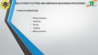 MULTI POINT CUTTING AND ABRASIVE MACHINING PROCESSES
TYPES OF OPERATIONS
• Drilling operation
• Reaming
• Boring
• Tapping
• Milling operation
 