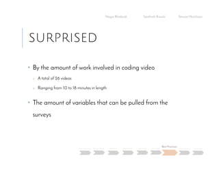 SURPRISED
• By the amount of work involved in coding video
o A total of 26 videos
o Ranging from 10 to 18 minutes in length
• The amount of variables that can be pulled from the
surveys
Negar Khalandi Santhosh Kasula Stewart Hutchison
Main Question Project Details Efficiency Effectiveness Satisfaction Done Right
Best Practices
Data Collection Conclusion
 