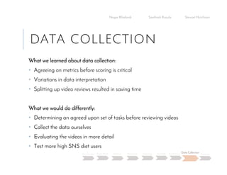 DATA COLLECTION
What we learned about data collection:
• Agreeing on metrics before scoring is critical
• Variations in data interpretation
• Splitting up video reviews resulted in saving time
What we would do differently:
• Determining an agreed upon set of tasks before reviewing videos
• Collect the data ourselves
• Evaluating the videos in more detail
• Test more high SNS diet users
Negar Khalandi Santhosh Kasula Stewart Hutchison
Main Question Project Details Efficiency Effectiveness Satisfaction Done Right Best Practices Data Collection Conclusion
 