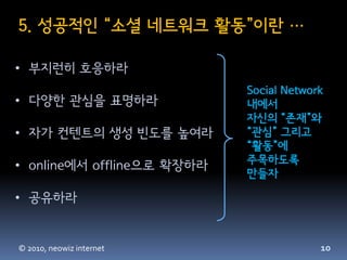 5. 성공적인 “소셜 네트워크 활동”이란 …

• 부지런히 호응하라
                            Social Network
• 다양한 관심을 표명하라              내에서
                            자신의 “존재”와
• 자가 컨텐트의 생성 빈도를 높여라        “관심” 그리고
                            “활동”에
                            주목하도록
• online에서 offline으로 확장하라
                            만들자

• 공유하라


© 2010, neowiz internet                  10
 