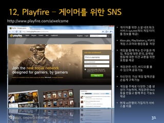 12. Playfire – 게이머를 위한 SNS
http://www.playfire.com/a/welcome
                                    • 게이머를 위한 소셜 네트워크
                                      서비스 (40,000개의 게임 타이
                                      틀 정보를 제공)

                                    • Xbox 360, PlayStation 3, PSP의
                                      게임 스코어와 랭킹등을 저장

                                    • 게임을 함께 하는 친구들과 게
                                      임, 게임에 대한 문의, 공략방
                                      법등에 대한 의견 교홖을 위한
                                      포럼을 제공

                                    • 게임관련 사짂, 비디오를 볼
                                      수 있으며 공유가능

                                    • 자싞만의 가상 게임 컬렉션을
                                      손쉽게 구축가능

                                    • 게임을 주제로 다양한 그룹 생
                                      성이 가능하며, 게임관련 Quiz
                                      등을 만들고 함께 푸는 기능도
                                      제공

                                    • 현재 25만명의 가입자가 서비
                                      스를 이용



© 2010, neowiz internet                                         31
 