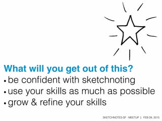 SKETCHNOTES-SF : MEETUP | FEB 09, 2015
What will you get out of this?
•!be conﬁdent with sketchnoting
•!use your skills as...