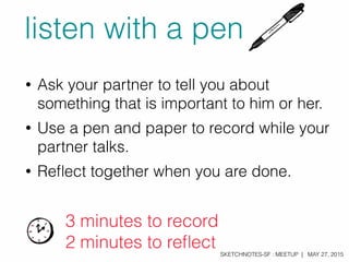 SKETCHNOTES-SF : MEETUP | MAY 27, 2015
3 minutes to record
2 minutes to reﬂect
• Ask your partner to tell you about
something that is important to him or her.
• Use a pen and paper to record while your
partner talks.
• Reﬂect together when you are done.
listen with a pen
 