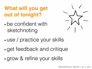 SKETCHNOTES-SF : MEETUP | JUL 15, 2015
What will you get
out of tonight?
•!be conﬁdent with
sketchnoting
•!use / practice your skills
•!get feedback and critique
•!grow & reﬁne your skills
 