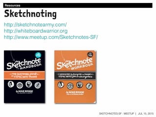 SKETCHNOTES-SF : MEETUP | JUL 15, 2015
Sketchnoting
http://sketchnotearmy.com/
http://whiteboardwarrior.org
http://www.meetup.com/Sketchnotes-SF/
Resources
 