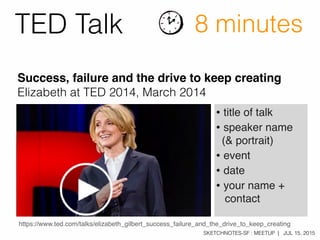 SKETCHNOTES-SF : MEETUP | JUL 15, 2015
https://www.ted.com/talks/elizabeth_gilbert_success_failure_and_the_drive_to_keep_creating
• title of talk
• speaker name
(& portrait)
• event
• date
• your name +
contact
TED Talk 8 minutes
Success, failure and the drive to keep creating
Elizabeth at TED 2014, March 2014
 