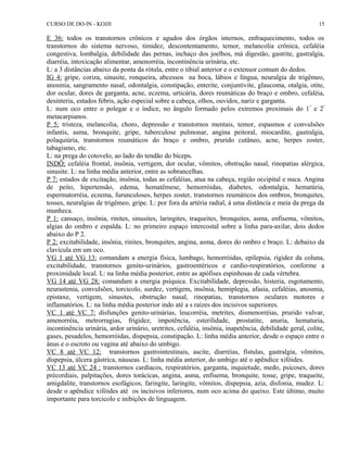 CURSO DE DO-IN - KOJJI 
15 
E 36: todos os transtornos crônicos e agudos dos órgãos internos, enfraquecimento, todos os 
transtornos do sistema nervoso, timidez, descontentamento, temor, melancolia crônica, cefaléia 
congestiva, lombalgia, debilidade das pernas, inchaço dos joelhos, má digestão, gastrite, gastralgia, 
diarréia, intoxicação alimentar, amenorréia, incontinência urinária, etc. 
L: a 3 distâncias abaixo da ponta da rótula, entre o tibial anterior e o extensor comum do dedos. 
IG 4: gripe, coriza, sinusite, ronqueira, abcessos na boca, lábios e língua, neuralgia de trigêmeo, 
anosmia, sangramento nasal, odontalgia, constipação, enterite, conjuntivite, glaucoma, otalgia, otite, 
dor ocular, dores de garganta, acne, eczema, urticária, dores reumáticas do braço e ombro, cefaléia, 
desinteria, estados febris, ação especial sobre a cabeça, olhos, ouvidos, nariz e garganta. 
L: num oco entre o polegar e o índice, no ângulo formado pelos extremos proximais do 1º e 2º 
metacarpianos. 
P 5: tristeza, melancolia, choro, depressão e transtornos mentais, temor, espasmos e convulsões 
infantis, asma, bronquite, gripe, tuberculose pulmonar, angina peitoral, miocardite, gastralgia, 
polaquiúria, transtornos reumáticos do braço e ombro, prurido cutâneo, acne, herpes zoster, 
tabagismo, etc. 
L: na prega do cotovelo, ao lado do tendão do bíceps. 
INDÔ: cefaléia frontal, insônia, vertigem, dor ocular, vômitos, obstrução nasal, rinopatias alérgica, 
sinusite. L: na linha média anterior, entre as sobrancelhas. 
P 7: estados de excitação, insônia, todas as cefaléias, atua na cabeça, região occipital e nuca. Angina 
de peito, hipertensão, edema, hematêmese, hemorróidas, diabetes, odontalgia, hematúria, 
espermatorréia, eczema, furunculoses, herpes zoster, transtornos reumáticos dos ombros, bronquites, 
tosses, neuralgias de trigêmeo, gripe. L: por fora da artéria radial, à uma distância e meia da prega da 
munheca. 
P 1: cansaço, insônia, rinites, sinusites, laringites, traqueites, bronquites, asma, enfisema, vômitos, 
algias do ombro e espalda. L: no primeiro espaço intercostal sobre a linha para-axilar, dois dedos 
abaixo do P 2. 
P 2: excitabilidade, insônia, rinites, bronquites, angina, asma, dores do ombro e braço. L: debaixo da 
clavícula em um oco. 
VG 1 até VG 13: comandam a energia física, lumbago, hemorróidas, epilepsia, rigidez da coluna, 
excitabilidade, transtornos genito-urinários, gastroentéricos e cardio-respiratórios, conforme a 
proximidade local. L: na linha média posterior, entre as apófises espinhosas de cada vértebra. 
VG 14 até VG 28: comandam a energia psíquica. Excitabilidade, depressão, histeria, esgotamento, 
neurastenia, convulsões, torcicolo, surdez, vertigem, insônia, hemiplegia, afasia, cefaléias, anosmia, 
epistaxe, vertigem, sinusites, obstrução nasal, rinopatias, transtornos oculares motores e 
inflamatórios. L: na linha média posterior indo até a s raízes dos incisivos superiores. 
VC 1 até VC 7: disfunções genito-urinárias, leucorréia, metrites, dismenorréias, prurido vulvar, 
amenorréia, metrorragias, frigidez, impotência, esterilidade, prostatite, anuria, hematuria, 
incontinência urinária, ardor urinário, uretrites, cefaléia, insônia, inapetência, debilidade geral, colite, 
gases, pesadelos, hemorróidas, dispepsia, constipação. L: linha média anterior, desde o espaço entre o 
ânus e o escroto ou vagina até abaixo do umbigo. 
VC 8 até VC 12: transtornos gastrointestinais, ascite, diarréias, fístulas, gastralgia, vômitos, 
dispepsia, úlcera gástrica, náuseas. L: linha média anterior, do umbigo até o apêndice xifóides. 
VC 13 até VC 24 : transtornos cardíacos, respiratórios, garganta, inquietude, medo, psicoses, dores 
précordiais, palpitações, dores torácicas, angina, asma, enfisema, bronquite, tosse, gripe, traqueite, 
amigdalite, transtornos esofágicos, faringite, laringite, vômitos, dispepsia, azia, disfonia, mudez. L: 
desde o apêndice xifóides até os incisivos inferiores, num oco acima do queixo. Este último, muito 
importante para torcicolo e inibições de linguagem. 
 