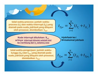 total-waktu-process: jumlah waktu-
process (tT) dan waktu-interrupt (tX) yang
diamati pada suatu job/task yang dilayani
oleh prosesor, disimbolkan: tTpr.
total-waktu-pengerjaan: jumlah waktu-
tunggu (tD) dan tTpr yang diamati pada
suatu job/task yang dilayani oleh prosesor,
disimbolkan: tTpe.
∑=
+=
N
i
XTTpr ii
ttt
1
)(
i=job/task ke-i
N=maksimal job/task
∑=
+=
N
i
TprDTpe ii
ttt
1
)(
Kode interrupt dituliskan: Xi-j,
artinya: interrupt dimulai setelah slot
ke-i terhitung dari tT selama j-ssw
 
