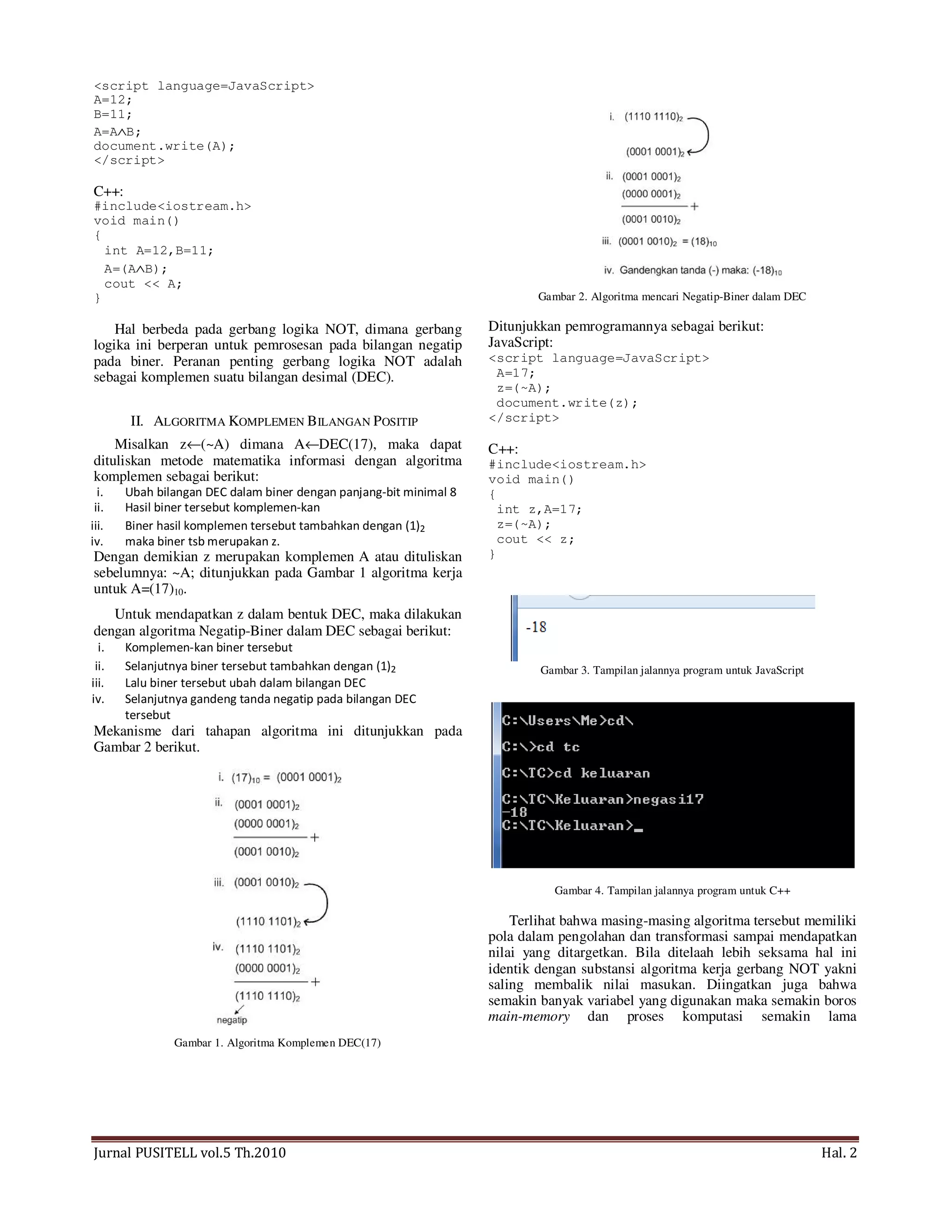 Jurnal PUSITELL vol.5 Th.2010 Hal. 2
<script language=JavaScript>
A=12;
B=11;
A=A∧B;
document.write(A);
</script>
C++:
#include<iostream.h>
void main()
{
int A=12,B=11;
A=(A∧B);
cout << A;
}
Hal berbeda pada gerbang logika NOT, dimana gerbang
logika ini berperan untuk pemrosesan pada bilangan negatip
pada biner. Peranan penting gerbang logika NOT adalah
sebagai komplemen suatu bilangan desimal (DEC).
II. ALGORITMA KOMPLEMEN BILANGAN POSITIP
Misalkan z←(~A) dimana A←DEC(17), maka dapat
dituliskan metode matematika informasi dengan algoritma
komplemen sebagai berikut:
i. Ubah bilangan DEC dalam biner dengan panjang-bit minimal 8
ii. Hasil biner tersebut komplemen-kan
iii. Biner hasil komplemen tersebut tambahkan dengan (1)2
iv. maka biner tsb merupakan z.
Dengan demikian z merupakan komplemen A atau dituliskan
sebelumnya: ~A; ditunjukkan pada Gambar 1 algoritma kerja
untuk A=(17)10.
Untuk mendapatkan z dalam bentuk DEC, maka dilakukan
dengan algoritma Negatip-Biner dalam DEC sebagai berikut:
i. Komplemen-kan biner tersebut
ii. Selanjutnya biner tersebut tambahkan dengan (1)2
iii. Lalu biner tersebut ubah dalam bilangan DEC
iv. Selanjutnya gandeng tanda negatip pada bilangan DEC
tersebut
Mekanisme dari tahapan algoritma ini ditunjukkan pada
Gambar 2 berikut.
Gambar 1. Algoritma Komplemen DEC(17)
Gambar 2. Algoritma mencari Negatip-Biner dalam DEC
Ditunjukkan pemrogramannya sebagai berikut:
JavaScript:
<script language=JavaScript>
A=17;
z=(~A);
document.write(z);
</script>
C++:
#include<iostream.h>
void main()
{
int z,A=17;
z=(~A);
cout << z;
}
Gambar 3. Tampilan jalannya program untuk JavaScript
Gambar 4. Tampilan jalannya program untuk C++
Terlihat bahwa masing-masing algoritma tersebut memiliki
pola dalam pengolahan dan transformasi sampai mendapatkan
nilai yang ditargetkan. Bila ditelaah lebih seksama hal ini
identik dengan substansi algoritma kerja gerbang NOT yakni
saling membalik nilai masukan. Diingatkan juga bahwa
semakin banyak variabel yang digunakan maka semakin boros
main-memory dan proses komputasi semakin lama
 