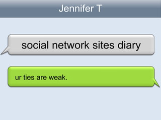 Jennifer T


  social network sites diary

ur ties are weak.
 