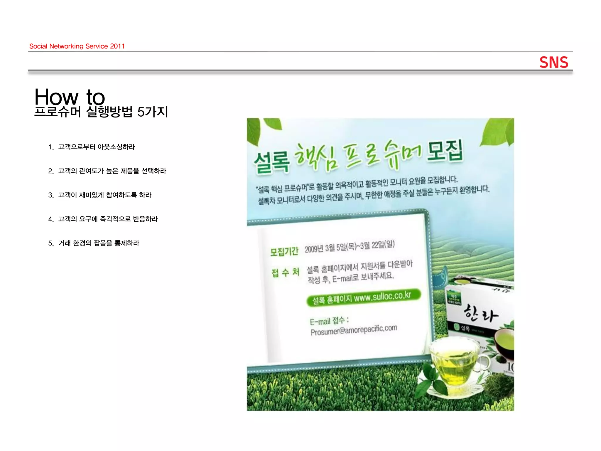 Social Networking Service 2011




 How to
 프로슈머 실행방법 5가지

     1. 고객으로부터 아웃소싱하라


     2. 고객의 관여도가 높은 제품을 선택하라


     3. 고객이 재미있게 참여하도록 하라


     4. 고객의 요구에 즉각적으로 반응하라


     5. 거래 환경의 잡음을 통제하라
 