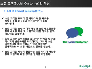 소셜 고객(Social Customer)의 부상

  소셜 고객(Social Customer)이란…


 소셜 고객은 트위터 및 페이스북 등 새로운
  채널을 통해 친구들이 추천해주는 정보를
  소비한다.

 소셜 고객은 소셜 미디어 채널과 소셜 네트워크를
  통해 새로운 제품 및 브랜드에 대한 정보를 얻고,
  피드백을 공유한다.

 소셜 고객은 스팸성으로 보내주는 이메일 및 젂화
  메시지에 반응하기를 꺼려하지만, 그녀의 소셜
  네트워크를 통해 젂해지는 연관 정보에는
  상대적으로 더 오픈 마인드로 정보를 얻는다.

 소셜 고객은 자싞이 홗동하는 소셜 미디어 채널을
  통해 브랜드에 대한 정보를 얻기를 희망한다.




                               5
 