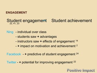 ENGAGEMENT

Student engagement
 22, 41, 23
                               Student achievement

Ning - individual over class
     - students saw + advantages
     - instructors saw + effects of engagement 14
     - + impact on motivation and achievement 2

Facebook - + predictive of student engagement 24

Twitter - + potential for improving engagement 22
 