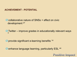ACHIEVEMENT - POTENTIAL



collaborative nature of SNSs + effect on civic
  development 27


Twitter – improve grades in educationally relevant ways
  3



provide significant e-learning benefits 14

enhance language learning, particularly ESL 44
 