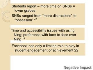 Students report – more time on SNSs =
 lower grades
SNSs ranged from “mere distractions” to
 “obsession” 47

Time and accessibility issues with using
  Ning; preference with face-to-face over
  Ning 14
Facebook has only a limited role to play in
 student engagement or achievement 22
 