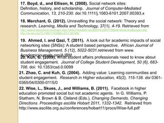 17. Boyd, d., and Ellison, N. (2008). Social network sites:
Definition, history, and scholarship. Journal of Computer-Mediated
Communication, 13, 210-230. doi:10.1111/j.1083-6101.2007.00393.x
18. Merchant, G. (2012). Unravelling the social network: Theory and
research. Learning, Media and Technology, 37(1), 4-19. Retrieved from
http://search.ebscohost.com/login.aspx?direct=true&db=eric&AN=EJ955170&site=ehost-live&scope=site;
http://dx.doi.org/10.1080/17439884.2011.567992

19. Ahmed, I. and Qazi, T. (2011). A look out for academic impacts of social
networking sites (SNSs): A student based perspective. African Journal of
Business Management, 5 (12), 5022-5031.retrieved from www.
Academicjournals.org/AJBM.
20. Kuh, G. (2009). What student affairs professionals need to know about
 student engagement. Journal of College Student Development, 50 (6), 683-
 706. doi: 10.1353/csd.0.0099
21. Zhao, C. and Kuh, G. (2004). Adding value: Learning communities and
student engagement. Research in Higher education, 45(2), 115-138. doi 0361-
0365/04/0300-0115/0
22. Wise, L., Skues, J., and Williams, B. (2011). Facebook in higher
education promoted social but not academic agents. In G. Williams, P.
Statham, N. Brown & B. Cleland (Eds.), Changing Demands, Changing
Directions. Proceedings ascilite Hobart 2011, 1332-1342. Retrieved from
http://www.ascilite.org.au/conferences/hobart11/procs/Wise-full.pdf
 