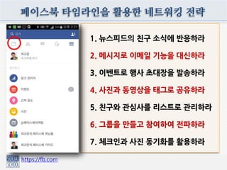 1. 휴대폰 번호로 나를 찾을 수 있게 하라
2. 페이스북 사용자이름(URL ID)을 등록하라
3. 친구 맺기 싫으면 팔로우를 허용하라
4. 노출하기 싫은 글은 나만보기로 설정하라
5. 남이 내 담벼락에 올린 글은 노출을 제한하라
6. 그룹 질문하기로 친구들의 의견을 수렴하라
7. 애용하는 메뉴는 즐겨찾기로 설정하라
페이스북 타임라인 운영 필수팁 7가지
 