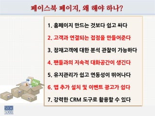 페이스북 페이지의 10가지 쓰임새
1. 전문가의 개인 브랜딩 도구
2. 프리랜서 포트폴리오 전시 매체
3. 소상공인 지역 비즈니스 홈페이지
4. 인터넷 쇼핑몰 연동 미니 스토어
5. 회사, 기관, 단체의 소통 홈페이지
6. 스타, 공인의 홍보 및 팬클럽 운영
7. 제품, 상품, 브랜드의 마케팅 도구
8. 공동체 커뮤니티의 조직화 수단
9. 가게 및 회사의 위치 약도 안내
10. 위키피디아형 지식 문답 공유
 
