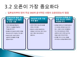    입후보자부터 먼저 주요 SNS에 공식적인 사항이 오픈되었는지 점검

    입후보자와 캠프 조                                 SNS에서 오픈을 피
                         SNS상에 오픈 가능           하면 정서상 사회악
    직원들의 신상 털리
                         하면 출마                 취급을 한다
    는 것은 기본
• 사진과 동영상을 통일하고         • 곤란한 부분이 많으면 SNS를   • 오픈을 피하면 선거 전체에 걸쳐서
직함이나 사실들을 전일하는          피하는 것이 좋다.           이 시대에는 존재감이 없어지게
작업을 해야 한다               • 증빙이나 논쟁이 SNS에서는    된다. 그렇다고 해서 대외활동도
• 캠프를 이미 SNS에 오픈된 사람들   걷잡을 수 없게 되는 경우가 많고   적고 자체 네트워크도 부족한
중심으로 조직 구성하는 것이 좋다      모든 기록이 계속 검색되기       상황에서 오픈 수위만 높여가는
• SNS에 오픈 가능한 인원이       때문이다.                전술도 금방 간파되게 된다.
실질적인 대외활동 규모를                                • 관계를 키우고 다지는 리듬을
결정하게 된다                                      유지하면서 오픈을 병행하면 된다.
 