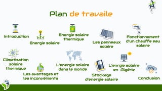 Introduction Energie solaire
thermique
Plan de travaile
Energie solaire Les panneaux
solaire
Stockage
d’energie solaire
Fo...