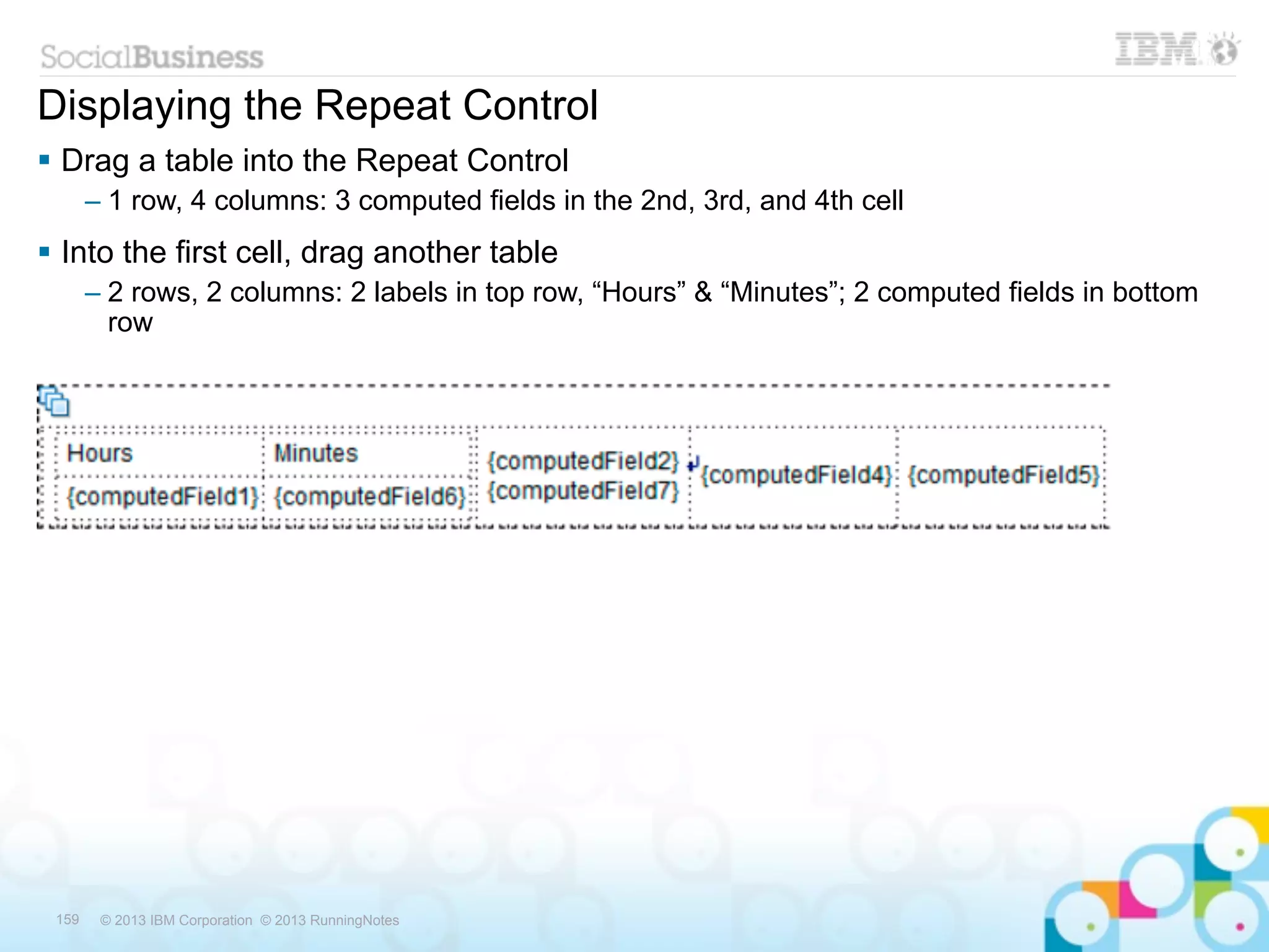 Displaying the Repeat Control
 Drag a table into the Repeat Control
       – 1 row, 4 columns: 3 computed fields in the 2nd, 3rd, and 4th cell
 Into the first cell, drag another table
       – 2 rows, 2 columns: 2 labels in top row, “Hours” & “Minutes”; 2 computed fields in bottom
         row




 159    © 2013 IBM Corporation © 2013 RunningNotes
 