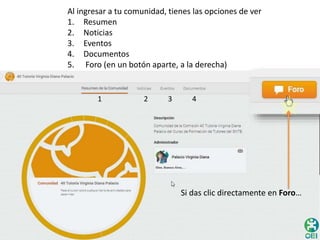 Al ingresar a tu comunidad, tienes las opciones de ver 
1. Resumen 
2. Noticias 
3. Eventos 
4. Documentos 
5. Foro (en un botón aparte, a la derecha) 
1 2 3 4 
Si das clic directamente en Foro… 
 