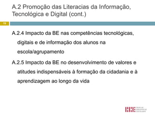 A.1.4 Ligação da BE ao PTE e a outros programas e projectos curriculares da escola/agrupamentoA BE articulou com o Núcleo de Projectos, da Inovação e da Qualidade, como se concluiu da leitura das actas e dos registos de reuniões informais ou contactos electrónicos