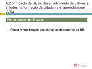A.1.6 Colaboração com os docentes na concretização das actividades curriculares na BE ou com os seus recursos.Pouca rentabilização do espaço BE, para trabalho orientado para turmas ou grupos17Pontos fracos identificados