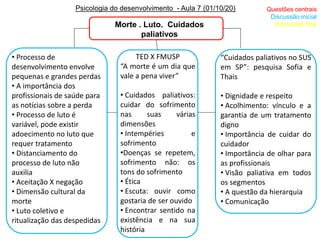 Psicologia do desenvolvimento - Aula 7 (01/10/20)
Morte . Luto. Cuidados
paliativos
TED X FMUSP
“A morte é um dia que
vale a pena viver”
• Cuidados paliativos:
cuidar do sofrimento
nas suas várias
dimensões
• Intempéries e
sofrimento
•Doenças se repetem,
sofrimento não: os
tons do sofrimento
• Ética
• Escuta: ouvir como
gostaria de ser ouvido
• Encontrar sentido na
existência e na sua
história
Questões centrais
Discussão inicial
Discussão final
“Cuidados paliativos no SUS
em SP”: pesquisa Sofia e
Thais
• Dignidade e respeito
• Acolhimento: vínculo e a
garantia de um tratamento
digno
• Importância de cuidar do
cuidador
• Importância de olhar para
as profissionais
• Visão paliativa em todos
os segmentos
• A questão da hierarquia
• Comunicação
• Processo de
desenvolvimento envolve
pequenas e grandes perdas
• A importância dos
profissionais de saúde para
as notícias sobre a perda
• Processo de luto é
variável, pode existir
adoecimento no luto que
requer tratamento
• Distanciamento do
processo de luto não
auxilia
• Aceitação X negação
• Dimensão cultural da
morte
• Luto coletivo e
ritualização das despedidas
 