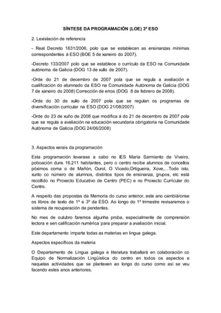 SÍNTESE DA PROGRAMACIÓN (LOE) 3º ESO
2. Lexislación de referencia
- Real Decreto 1631/2006, polo que se establecen as ensinanzas mínimas
correspondentes á ESO (BOE 5 de xaneiro do 2007).
-Decreto 133/2007 polo que se establece o currículo da ESO na Comunidade
autónoma de Galicia (DOG 13 de xullo de 2007).
-Orde do 21 de decembro de 2007 pola que se regula a avaliación e
cualificación do alumnado da ESO na Comunidade Autónoma de Galicia (DOG
7 de xaneiro do 2008) Corrección de erros (DOG 8 de febrero de 2008).
-Orde do 30 de xullo de 2007 pola que se regulan os programas de
diversificación curricular na ESO (DOG 21/08/2007)
-Orde do 23 de xuño de 2008 que modifica á do 21 de decembro de 2007 pola
que se regula a avaliación na educación secundaria obrigatoria na Comunidade
Autónoma de Galicia (DOG 24/06/2008)
3. Aspectos xerais da programación
Esta programación levarase a cabo no IES María Sarmiento de Viveiro,
poboación duns 16.211 habitantes, pero o centro recibe alumnos de concellos
póximos coma o de Mañón, Ourol, O Vicedo,Ortigueira, Xove,…Todo isto,
xunto co número de alumnos, distintos tipos de ensinanza, grupos, etc está
recollido no Proxecto Educativo de Centro (PEC) e no Proxecto Curricular do
Centro.
A respeito das propostas da Memoria do curso anterior, este ano cambiáronse
os libros de texto de 1º e 3º da ESO. Ao longo do 1º trimestre revisaremos o
sistema de recuperación de pendentes.
No mes de outubro faremos algunha proba, especialmente de comprensión
lectora e sen calificación numérica para preparar a avaliación inicial.
Este departamento imparte todas as materias en lingua galega.
Aspectos específicos da materia
O Departamento de Lingua galega e literatura traballará en colaboración co
Equipo de Normalización Lingüística do centro en todos os aspectos e
naquelas actividades que se plantexen ao longo do curso como así se veu
facendo estes anos anteriores.
 