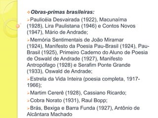 Obras-primas

brasileiras:
Paulicéia Desvairada (1922), Macunaíma
(1928), Lira Paulistana (1946) e Contos Novos
(1947), Mário de Andrade;
Memória Sentimentais de João Miramar
(1924), Manifesto da Poesia Pau-Brasil (1924), PauBrasil (1925), Primeiro Caderno do Aluno de Poesia
de Oswald de Andrade (1927), Manifesto
Antropófago (1928) e Serafim Ponte Grande
(1933), Oswald de Andrade;
Estrela da Vida Inteira (poesia completa, 19171966);
Martim Cererê (1928), Cassiano Ricardo;
Cobra Norato (1931), Raul Bopp;
Brás, Bexiga e Barra Funda (1927), Antônio de
Alcântara Machado

 