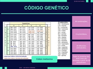 Todos as proteínas
dos seres vivos são
formadas a partir
de 20 aminoácidos.
CÓDIGO GENÉTICO
64 combinações;
4 nucleotídeos;
20 diferentes
aminoácidos;
Todas as proteínas dos
seres vivos são
formadas a partir de 20
aminoácidos.
1 códon = 1 aminoácidoCódon metionina
 
