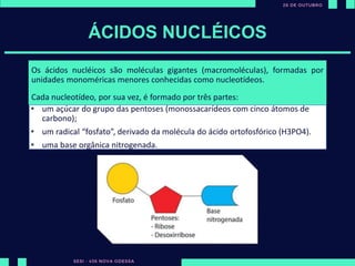 ÁCIDOS NUCLÉICOS
Os ácidos nucléicos são moléculas gigantes (macromoléculas), formadas por
unidades monoméricas menores conhecidas como nucleotídeos.
Cada nucleotídeo, por sua vez, é formado por três partes:
• um açúcar do grupo das pentoses (monossacarídeos com cinco átomos de
carbono);
• um radical “fosfato”, derivado da molécula do ácido ortofosfórico (H3PO4).
• uma base orgânica nitrogenada.
 