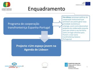 Enquadramento 3Fim último: promover políticas de cooperação institucional que permitam aos jovens gerar nova actividade económica e emprego, assim como desenvolver projectos de colaboração conjunta para que sintam o seu território como um lugar atractivo para ficarem a viver (zona transfronteiriça Galaico-Portuguesa)Programa de cooperação transfronteiriça Espanha-PortugalProjecto «Um espaço jovem na Agenda de Lisboa» 