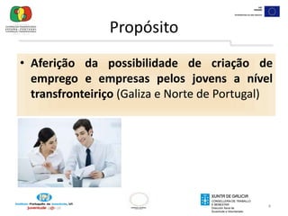 Propósito4Aferição da possibilidade de criação de emprego e empresas pelos jovens a nível transfronteiriço (Galiza e Norte de Portugal)Actividades5