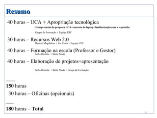 Resumo
40 horas – UCA + Apropriação tecnológica
             (Compreensão da proposta UCA+recursos do laptop+familiarização com o e-proinfo)
             Grupo de Formação + Equipe UFC


30 horas – Recursos Web 2.0
             Beatriz Magdalena + Iris Costa + Equipe UFC


40 horas – Formação na escola (Professor e Gestor)
             Beth Alemida + Bette Prado


40 horas – Elaboração de projetos+apresentação
             Beth Alemida + Bette Prado + Grupo de Formação


___
150 horas
 30 horas – Oficinas (opcionais)
___
180 horas – Total
                                                                                               37
 