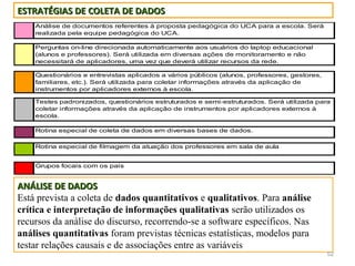 ESTRATÉGIAS DE COLETA DE DADOS
    Análise de documentos referentes à proposta pedagógica do UCA para a escola. Será
    realizada pela equipe pedagógica do UCA.

    Perguntas on-line direcionada automaticamente aos usuários do laptop educacional
    (alunos e professores). Será utilizada em diversas ações de monitoramento e não
    necessitará de aplicadores, uma vez que deverá utilizar recursos da rede.

    Questionários e entrevistas aplicados a vários públicos (alunos, professores, gestores,
    familiares, etc.). Será utilizada para coletar informações através da aplicação de
    instrumentos por aplicadores externos à escola.

    Testes padronizados, questionários estruturados e semi-estruturados. Será utilizada para
    coletar informações através da aplicação de instrumentos por aplicadores externos à
    escola.

    Rotina especial de coleta de dados em diversas bases de dados.

    Rotina especial de filmagem da atuação dos professores em sala de aula


    Grupos focais com os pais


ANÁLISE DE DADOS
Está prevista a coleta de dados quantitativos e qualitativos. Para análise
crítica e interpretação de informações qualitativas serão utilizados os
recursos da análise do discurso, recorrendo-se a software específicos. Nas
análises quantitativas foram previstas técnicas estatísticas, modelos para
testar relações causais e de associações entre as variáveis
                                                                                              52
 