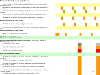 Rotina de verificação da atuação dos professores

    - Monitoramento on-line da atuação pedagógica dos professores em sala de aula
(perguntas on-line)
    - Avaliação da atuação pedagógica dos professores em sala de aula (questionários e
entrevistas)
    - Monitoramento da atuação pedagógica dos professores em sala de aula através de
filmagem
    - Monitoramento on-line do uso das TIC pelos professores (perguntas on-line)

   - Avaliação do uso das TIC pelos professores (questionários e entrevistas)

Rotina de verificação da gestão escolar

   - Avaliação da gestão acadêmico-pedagógica da escola

    - Monitoramente da gestão (execução) do Projeto UCA nas escolas (perguntas on-
line)
Rotina de verificação da gestão escolar

   - Adequação de Institucionais as IES (NTE)

ETAPA 5 - Avaliação de Resultados

Rotina de caracterização dos alunos do Projeto UCA (rotina igual à aplicada na
Avaliação Diagnóstica)
   - Caracterização do dos alunos

   - Descrição das expectativas da escolar

   - Identificar as expectativas dos pais

ETAPA 6 - Avaliação de Impacto

   - Avaliação da percepção das mudanças ocasionadas pelo Projeto UCA, através da
opinião da
   - Avaliação da percepção das mudanças na da Escola

    - Avaliação da percepção das inovações pedagógicas introduzidas nas escolas e
oriundas do Projeto UCA
    - Avaliação da percepção da inclusão digital ocasionadas pelo Projeto UCA

  - Levantamento dos indicadores de inclusão digital no município em que o Projeto
UCA está presente                                                                        54
  - Avaliação das mudanças em indicadores educacionais da Escola
 