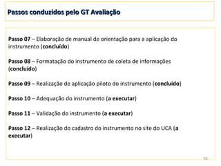 Passos conduzidos pelo GT Avaliação


Passo 07 – Elaboração de manual de orientação para a aplicação do
instrumento (concluído)

Passo 08 – Formatação do instrumento de coleta de informações
(concluído)

Passo 09 – Realização de aplicação piloto do instrumento (concluído)

Passo 10 – Adequação do instrumento (a executar)

Passo 11 – Validação do instrumento (a executar)

Passo 12 – Realização do cadastro do instrumento no site do UCA (a
executar)


                                                                       65
 