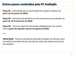 Outros passos conduzidos pelo GT Avaliação

Passo 01 – Articulação para a constituição das equipes estaduais (a
partir de 25 janeiro de 2010)

Passo 02 – Seminário introdutório ao início do processo de avaliação (a
partir de 22 de fevereiro de 2010)

Passo 03 – Início de coleta de informações (diagnósticas) nas escolas
UCA (a partir da segunda semana de agosto de 2010)

***

25/01/2010 – Próxima reunião do Grupo de Avaliação, em Brasília, para
encaminhar providências de execução de ações das etapas do processo
de avaliação



                                                                          66
 