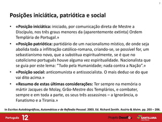 7



   Posições iniciática, patriótica e social
   • «Posição iniciática: iniciado, por comunicação direta de Mestre a
     Discípulo, nos três graus menores da (aparentemente extinta) Ordem
     Templária de Portugal.»
   • «Posição patriótica: partidário de um nacionalismo místico, de onde seja
     abolida toda a infiltração católico-romana, criando-se, se possível for, um
     sebastianismo novo, que a substitua espiritualmente, se é que no
     catolicismo português houve alguma vez espiritualidade. Nacionalista que
     se guia por este lema: “Tudo pela Humanidade; nada contra a Nação”.»
   • «Posição social: anticomunista e antissocialista. O mais deduz-se do que
     vai dito acima.»
   • «Resumo de estas últimas considerações: Ter sempre na memória o
     mártir Jacques de Molay, Grão-Mestre dos Templários, e combater,
     sempre e em toda a parte, os seus três assassinos – a Ignorância, o
     Fanatismo e a Tirania.»
In Escritos Autobiográficos, Automáticos e de Reflexão Pessoal. 2003. Ed. Richard Zenith. Assírio & Alvim. pp. 203 – 206.
 