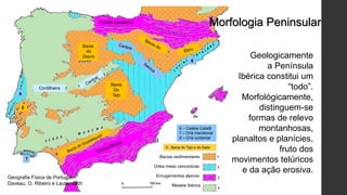 Bacias sedimentares
Orlas meso cenozóicas
Enrugamentos alpinos
Meseta Ibérica
Morfologia Peninsular
Geologicamente
a Península
Ibérica constitui um
“todo”.
Morfológicamente,
distinguem-se
formas de relevo
montanhosas,
planaltos e planícies,
fruto dos
movimentos telúricos
e da ação erosiva.
Geografia Física de Portugal –
Daveau, O. Ribeiro e Lautensach
Bacia
do
Douro
Bacia
Do
Tejo
5 - Bacia do Tejo e do Sado
5
6
7
Cadeia Cantábrica
8 – Cadeia Catalã
7 – Orla meridional
6 – Orla ocidental
8
Cordilheira
 