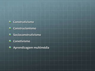 Construtivismo 
Construcionismo 
Socioconstrutivismo 
Conetivismo 
Aprendizagem multimédia 
 