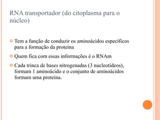 RNA transportador (do citoplasma para o
núcleo)

   Tem a função de conduzir os aminoácidos específicos
    para a formação da proteína
   Quem fica com essas informações é o RNAm
   Cada trinca de bases nitrogenadas (3 nucleotídeos),
    formam 1 aminoácido e o conjunto de aminoácidos
    formam uma proteína.
 